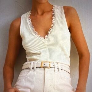 ME+EM cream Ribbed Lace Trim V Neck Layering Tank Top